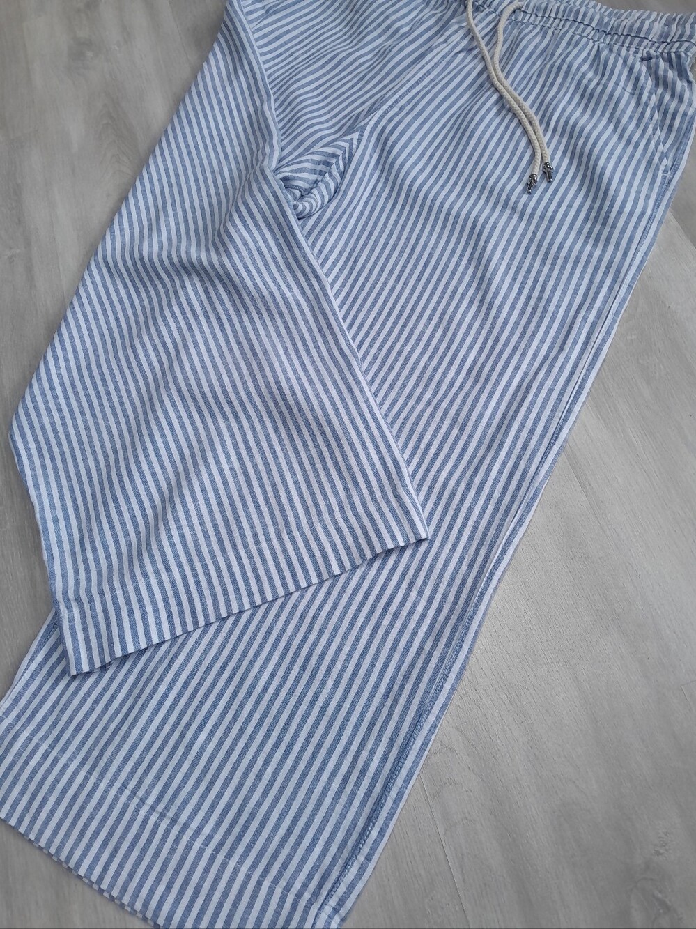Tahari Linen Blend Coastal Wide Leg Resort Pants Blue White Stripe NWOT